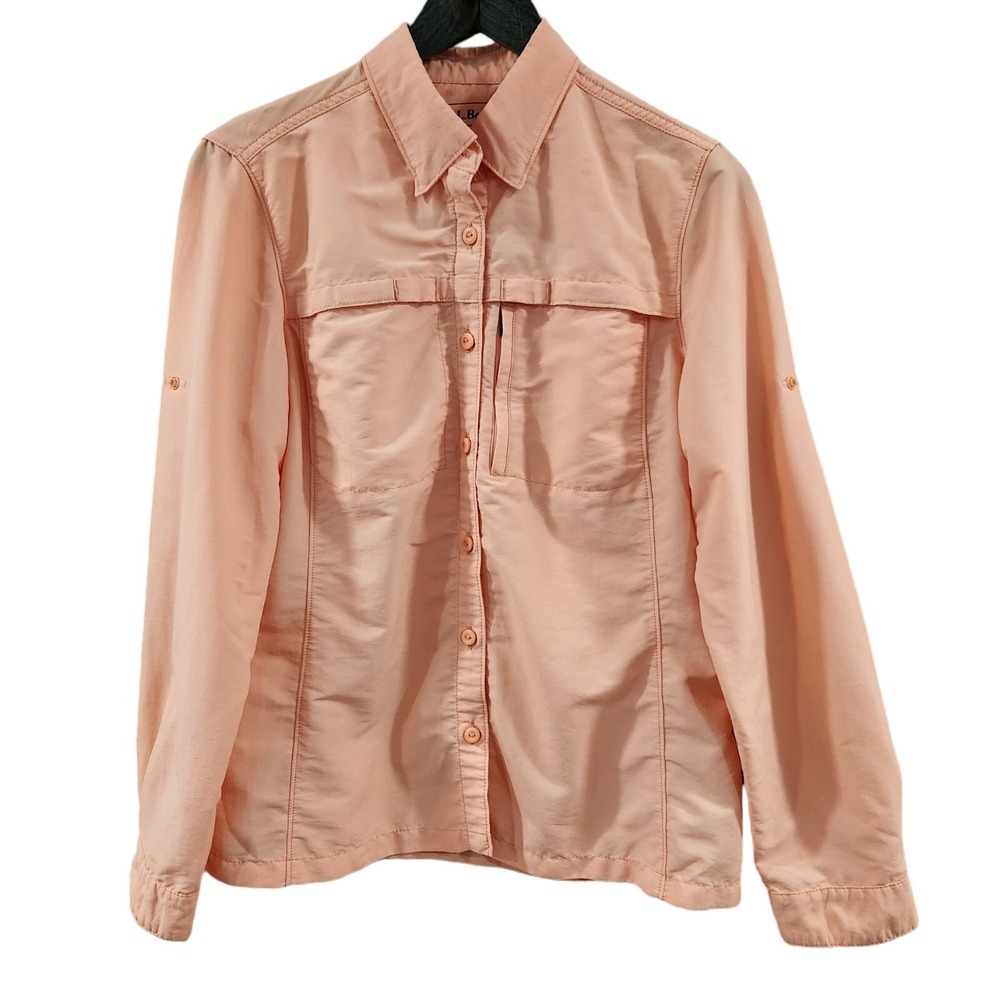 LL Bean Womens S Regular Peach Vented Back Roll Tab Sleeve Hiking Shirt